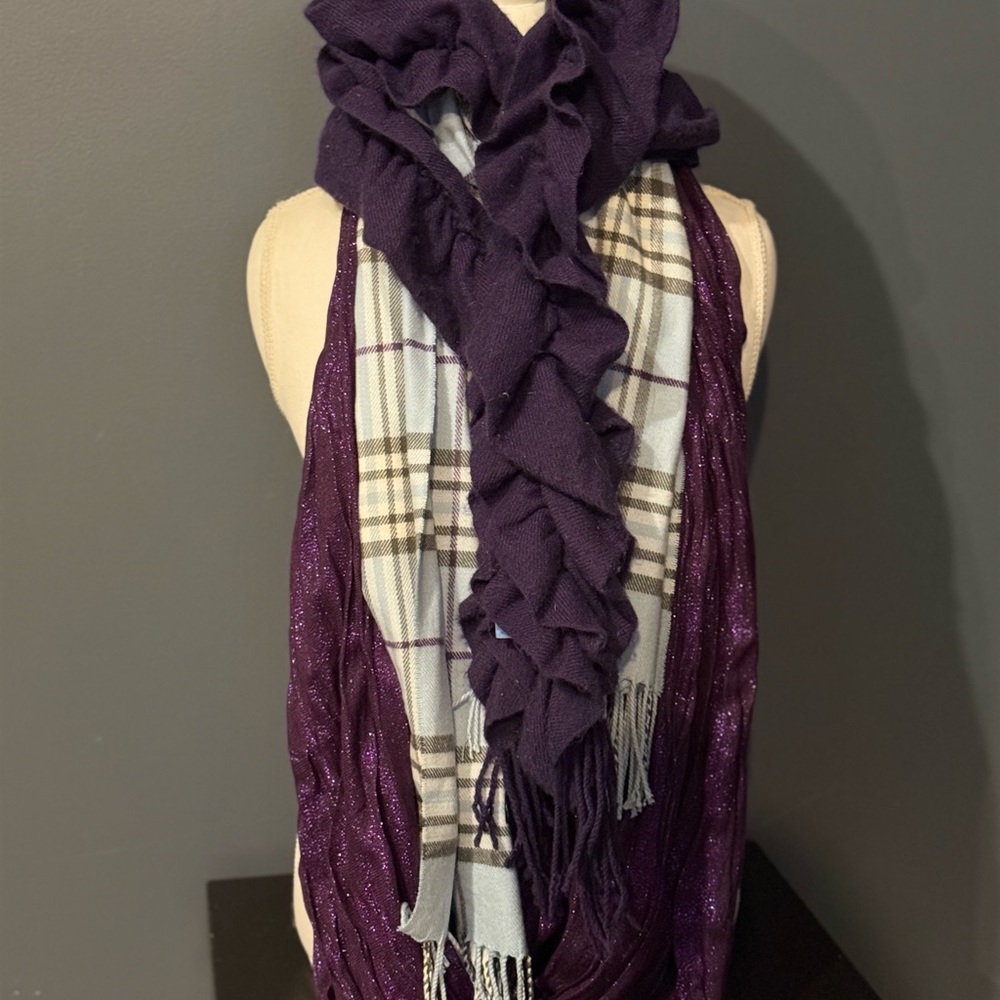 3 scarves - 1 purple sparkle infinity, 1 blue purple Plaid, 1 purple scrunch